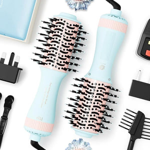 Travel Dual Voltage Hair Dryer Brush 4-in-1 Portable Mini Hot Air Blow Dryer Straightener &amp Curler Brush Titanium Round Blowout Styler Volumizer Tools 110/240V US/EU/UK -Baby Blue &amp Light Pi