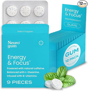 Neuro Gum | Nootropic Energy Caffeine Gum | 40mg Caffeine + 60mg L-theanine + B Vitamins for Energy and Focus | Sugar Free + Vegan + Keto | Caffeine Supplement for Adults Mint Flavor (108 Count)