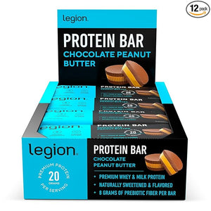 Legion Protein Bar Chocolate Peanut Butter -100% Whey Protein Baked Bars with Prebiotic Fiber - High Protein (20g) Low Fat (12g) Low Sugar (4g) No Soy Gluten - Natural Flavors (12 Count)