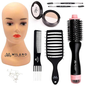 Milano Collection Deluxe Wig Styling Kit 12¡± Silicone Mannequin Head with Suction Table Stand and 30 T-Pins Scalp Illusion Duo Hot Air Brush Gentle Brush and Teasing Comb For Wig Styling