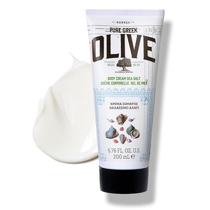 KORRES Olive Body Lotion for Dry Skin Moisturizer Cream with Vitamin E Aloe and Pure Greek Olive Oil for Body Care Hydrating and Nourishing for Smooth Supple Skin Sea Salt Scented 6.76 fl oz