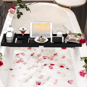 Domax Bathtub Caddy Tray Expandable Bamboo Tub Tray for Luxury Bath with Book Holder and Free Soap Dish Black