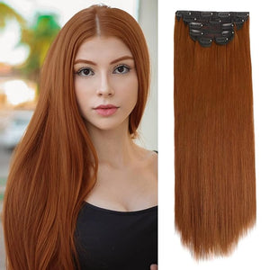 WECAN Straight Clip in Hair Extension Auburn 22 Inch 6PCS Long Straight Hairpieces for Women Thick Synthetic Fiber Double Weft Hair Full Head
