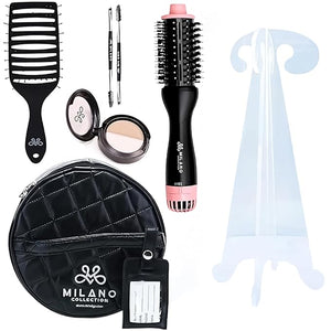 Milano Collection Travel Wig Styling Kit Portable Travel Wig Stand with Compact Round Travel Case to Protect Wigs Scalp Illusion Duo Hot Air Brush &amp Gentle Brush for Wig Styling On-the-Go