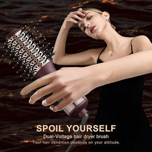 Travel Dual Voltage Hair Dryer Brush 4-in-1 Portable Mini Hot Air Blow Dryer Straightener &amp Curler Brush Autom?tico Doble Voltaje Cepillo Secador De Cabello 110~240V US/EU/UK -Blackcurrant Rose G