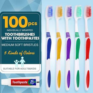Navona 100 PCS Disposable Toothbrush with Toothpaste Bulk Travel Toothpaste Bulk Toothpastes Individually Wrapped Bulk Toothbrush Ergonomics HandleMedium Soft Bristle Perfect for Travel Hotel
