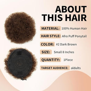 Boymia Afro Puff Drawstring Ponytail #2 Dark Brown 8 Inch Short Kinky Curly Hair Bun Extension 100% Remy Human Hair Clip On Kinky Drawstring Curly Ponytail Bun