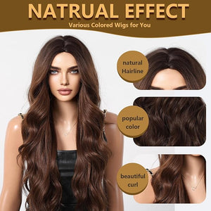 Haoland HAIR Brown Wigs for Women Natural Long Wavy Chestnut Brown 28 Inch Middle Part Synthetic Heat Resistant Wig for Daily Party Date