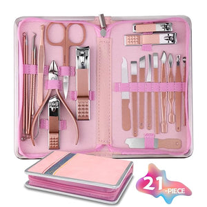 Professional Manicure Set - 21 in 1 Nail Care Kit Stainless Steel Clipper Kit Pedicure Kit for Women - Travel Pink