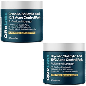 QRxLabs Glycolic/Salicylic Acid 10/2 Acne Control Pads with 10% Ultra Pure Glycolic + 2% Salicylic Acid Allantoin Vitamins B5 C &amp E Calendula Green Tea - Most Effective Treatment Clear Skin -