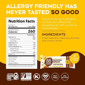 88 Acres Plant Based Seed Protein Bar | 9 Pack Banana Bread | 12g of Plant Based Protein Gluten Free Nut Free Non GMO School Safe No Palm Oil