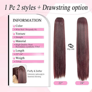 Ponytail Extension 24 Long Straight Claw Clip Ponytail Extension clip on ponytails hair clip Hair claw clip Fake Ponytail Hairpieces for Women ? Wine Red with Burgundy HL