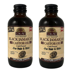 Okay Pure Naturals Extra Dark 100% Pure Black Jamaican Castor Oil - Castor Oil for Hair Growth for Men &amp Women Moisture for Skin Face Scalp Eyelashes Eyebrows - 4 oz Glass Bottle (Pack of 2)