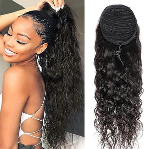 100% Human Hair Drawstring Ponytail Extension Water Wave in Natural Color 1B Corn Wave Ponytail Clip in Extensions for Black Women Full End Hair 18 Inch