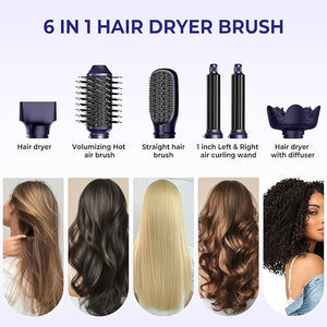 6 in 1 Hair Dryer Brush, Foldable Blow Dryer Brush with Wrap Curler, Detachable Air Hair Styler Curling, Drying,Volumizing, Straightening