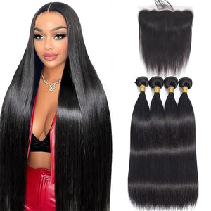 Human Hair Bundles with Frontal Closure (22 24 26 28+20Free Part) 4 Bundles Human Hair with 13x4 HD Lace Frontal16A 100% Virgin Brazilian Straight Hair Extensions Double Weft