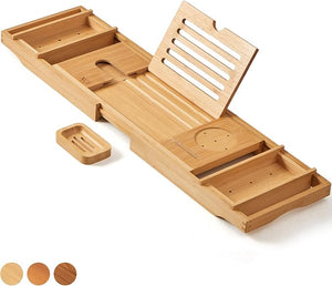 XcE Bathtub Caddy Tray Expandable to 105cm with Bamboo Book Stand and Soap Tray Natural