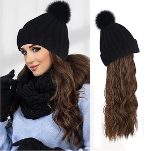 Women Winter Beanie Hat with Wig Big Wavy Curly Hair Extensions Knit ski Snow Cap Attached Party Daily Weddings Wig