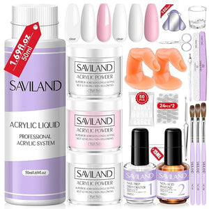 SAVILAND Essentials Acrylic Nail Kit for Beginners: White Pink Clear Acrylic Powder and Liquid Set with Nail Dehydrator Primer Brushes Forms Tips Tools Nails Kit Acrylic Set with Everything Home DIY