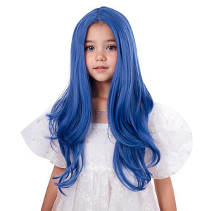 Girls Dark Blue Wig Kids Long Deep Blue Wavy Curly Wig Child Middle Part Wigs Heat Resistant Synthetic Hair with Cap