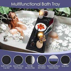 Foldable Bathtub Caddy Tray Bamboo Bath Tub Tray Table for Tub with Wine Glass Holder Book Phone Tablet Holder with Extending Sides Adjustable Bathroom Bathtub Free Soap Holder Gift Idea (Black)