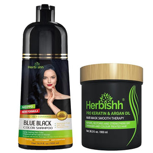 Herbishh Blue Black 3 In 1 Hair Dye Shampoo 16.9 Fl Oz &amp Argan Oil Mask 28.2 Fl Oz Combo - Champu Para Canas Mujer - Hair Dye Shampoo for Men &amp Women - Hair Mask For Moisturizer Dry Damaged H