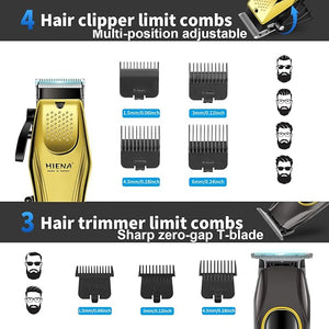 HIENA PRO Hair Clippers for Men Professional Cordless Barber Clipper &amp T-Blade Beard/Hair Trimmer Set Electric Razor Foil Shaver Nose Trimmer Barber Kit Men's Hair Cutting Kit (Black Gold)
