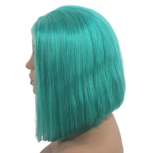 14inch Human Hair Lace Front Wigs Bleached Knots 180% Density Silky Straight Lake Blue Short Bob Wig Pre Plucked Natural Hairline 13¡¿4 Swiss Lace Middle Part Colored Teal blue Bob Wigs for Women
