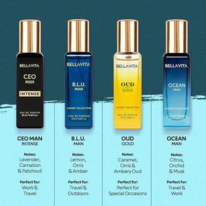 BellaVita Luxury Collection Eau De Parfum Gift Set (4x20ml) | Premium Unisex Perfume Set | Notes of Aqua, Musk, Amber and Bergamot | Includes OUD GOLD, OCEAN, B.L.U. &amp; CEO Intense | Perfume Gift