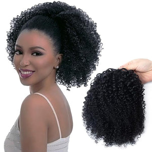 VADES Human Hair Drawstring Ponytail for Black Women Kinky Ponytail Clip in Hair Extension 100% Brazilian Virgin Human Hair Curly Ponytail Drawstring #1 Jet Black 12 inch With 3 Stable Combs