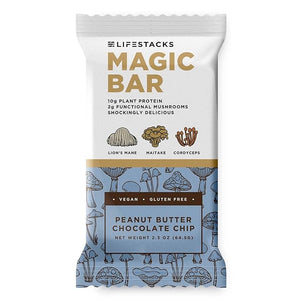 Lifestacks Magic Bar ? Superfood Snack with 2g Functional Mushrooms 10g Plant?Based Protein &amp 4g Fiber ? Vegan Gluten?Free Nutrient?Dense Peanut Butter Energy Bar ? 6?Pack (Chocolate Chip)
