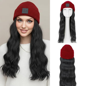 S-noilite Beanie Wig with Hair18 Inch Long Wavy Hair Extensions with Red Knitted Hat Hairpieces for Women Winter Natural Black