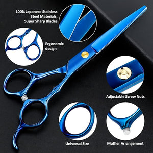 Professional Hair Cutting Scissors Sets Stainless Steel Barber Hairdressing Scissors Multifunctional Salon Thinning Scissors Straight Shears Tools for Men Women Home Use (Blue)