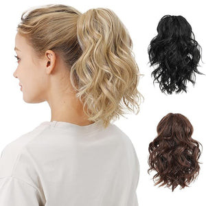 Claw Clip Ponytail Hair Extension / 10 Inch Synthetic Short Wavy Curly Fake Ponytails/Clip In On Pony Tail Hairpieces For Women (Medium Brown)