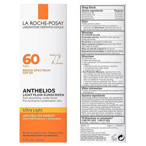 La Roche-Posay Anthelios Light Fluid Facial Sunscreen SPF 60 Lightweight Sunscreen For Face Fluid Texture Broad Spectrum SPF + Antioxidants Oil Free &amp Oxybenzone Free Travel Size 1.7 Fl. Oz.
