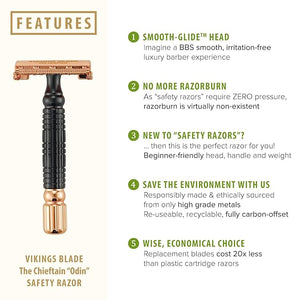 VIKINGS BLADE Double Edge Safety Razor for Men + 5 Swedish Steel Blades + Luxury Case. Smooth Reusable Eco-Friendly (Chieftain ¡°Odin¡±)