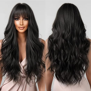 BERON Black Wigs Long Wavy Women Wigs with Bangs Natural Black Curly Heat Resistant Synthetic Wigs for Daily Wigs Wig Cap Included