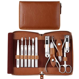 FAMILIFE Manicure Set Professional Manicure Kit Nail Clippers Set 11 in 1 Stainless Steel Pedicure Tools Nail Kit Men Grooming Tool with Portable Brown Leather Travel Case Luxury Gifts for Him