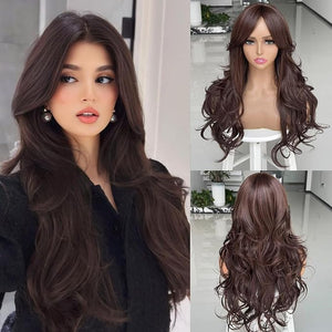 Dark Brown Long Wigs for Women Layered Wavy Wig with Curtain Bang Synthetic Dark Brown Wavy Natural Looking Layered Butterfly Blonde Hair for Black White Women Daily Party Use 4# 24Inch