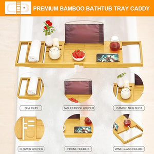 Premium Bathtub Tray Caddy - Bath Tray Expandable - Bath Tub Tray Table for Bathtub, Bamboo Wooden, Fits Most Bath Tubs