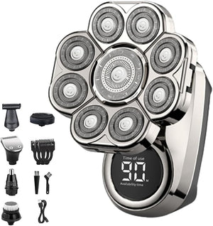 9.0 Pro Head Shaver 9D Floating Blade Heads Intelligent LED Display IPX7 Waterproof Wet Dry Shaving Rechargeable Cordless Razor (1 Set Silver)