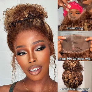Hidden Strap 360 Lace Frontal Human Hair Wigs P4/27 Deep Wave Ombre Highlight HD Transparnet 360 Full Lace Frontal Wig Deep Curly Pre Plucked with Baby Hair Bleached Konts 180% Density 22 Inch