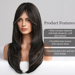 Heat Resistant Wigs Human Hair Mixed Synthetic Long Layered Black Blonde Highlights with Bangs for Women Party Cosplay