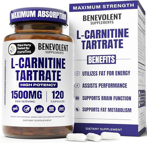 Benevolent L Carnitine Supplement - High Potency 1500mg L-Carnitine Tartrate - Fast Absorbing Convert Fat to Energy Support Lean Muscle Boost Workout Performance &amp Metabolism ? 120 Vegan Capsul