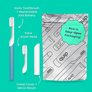 Quip Sonic Electric Toothbrush for Adults - Time Travel &amp Soft Bristles with Travel Case &amp Replacement Brush Head - 3 Month Battery Life Plastic Handle - Marine Blue