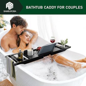 Bamboo Bathtub Caddy Tray Expandable for Luxury Bath Bath Accessories &amp Table with Wine Glass Holder Book Stand Bathroom Organizer with Extending Sides for Men/WomenBlack