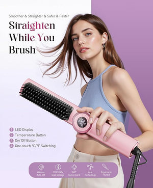 Hair Straightener Brush: 3-in-1 Curling &amp Straightening Comb with Dual Voltage Hot Comb with Ionic Coating Pink