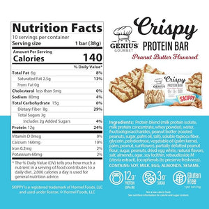 Genius Gourmet SKIPPY¢ç Peanut Butter Flavored Crispy Protein Bars,12g Protein per serving (24% DV), 3g Sugar, Delicious Snack Bar, Gluten Free ? 10 Count