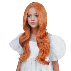 Ginger Wig for Kids Girls Long Ginger Orange Wavy Curly Wig Child Long Orange Part Wigs Heat Resistant Synthetic Wigs with Cap
