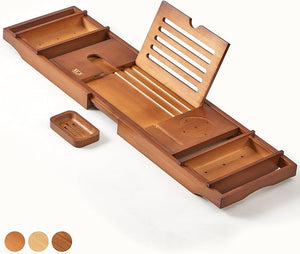 XcE Bathtub Caddy Tray Expandable to 105cm with Bamboo Book Stand and Soap Tray Brown